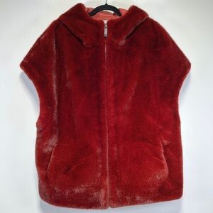 Belle Fare Faux Fur Hooded Vest Ruby Red Luxe Plush Cape Jacket Size M NWT